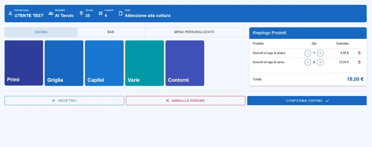La cassa di SagraWeb: le categorie del menù a tessere colorate e, a destra, il riepilogo dell'ordine con il totale
